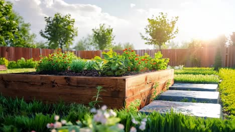 a wooden raised garden bed in the middle of a grassy area