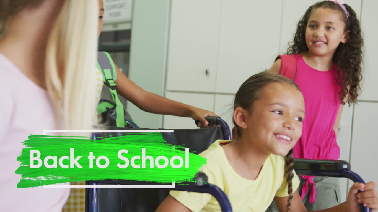 Animation of back to school text over happy diverse school kids and schoolgirl in wheelchair
