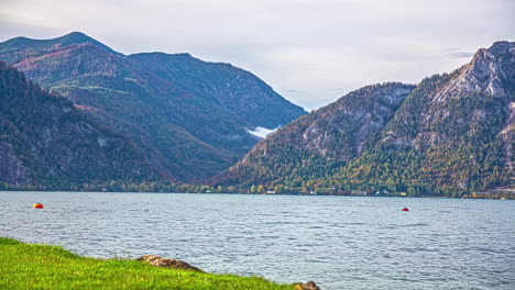 Alps-mountains-and-Attersee-lake,-time-lapse-view