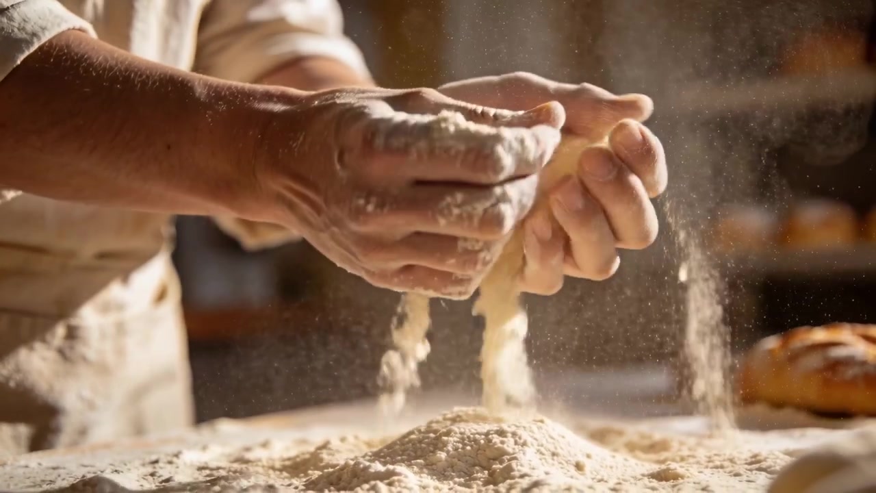 Mani che battono la farina, con grembiule da fornaio e maniche arrotolate, sollevando, raccogliendo, setacciando e pressando per fare l'impasto.