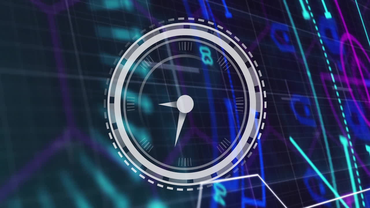 animación de reloj en movimiento sobre escaneo de alcance en fondo negro