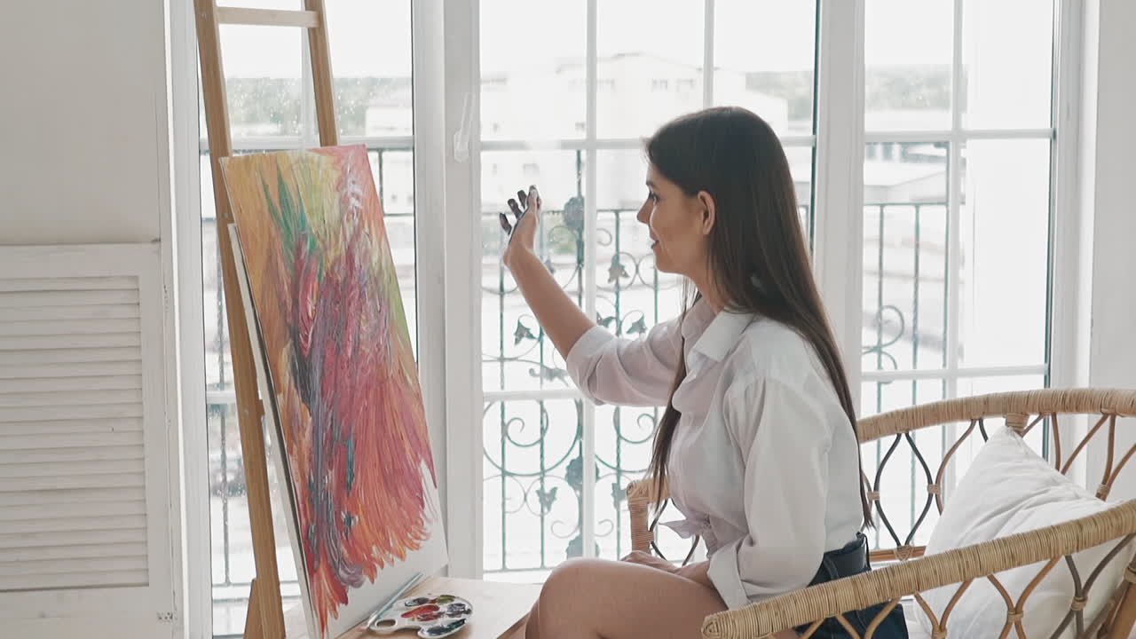 긍정적 인 학생 실험은 페인트  ⁇ 으로 캔버스를  ⁇ 습니다.