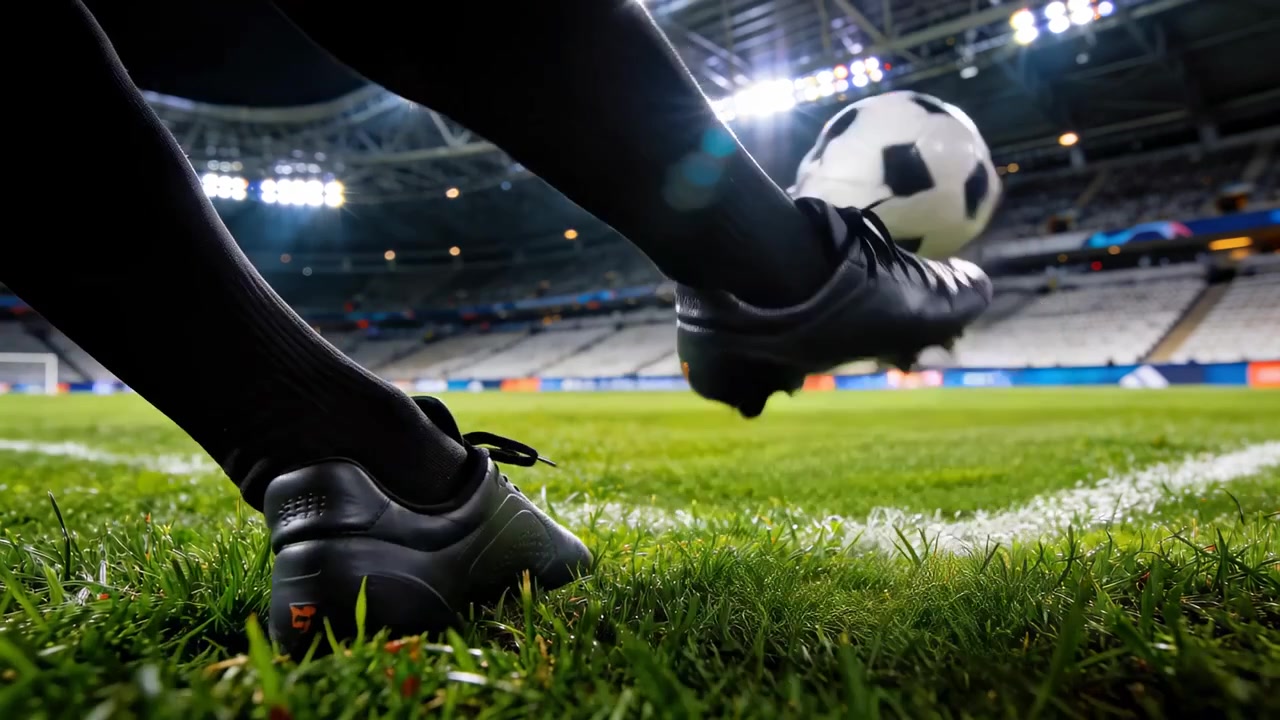 Sepatu bola hitam pemain menendang mengangkat bola sepak di sepanjang garis samping di bawah lampu stadion, ruang kosong