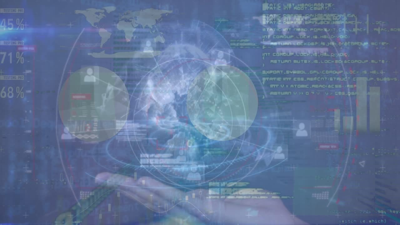 지구를 들고 있는 백인 남자의 손 위에 있는 금융 데이터의 애니메이션