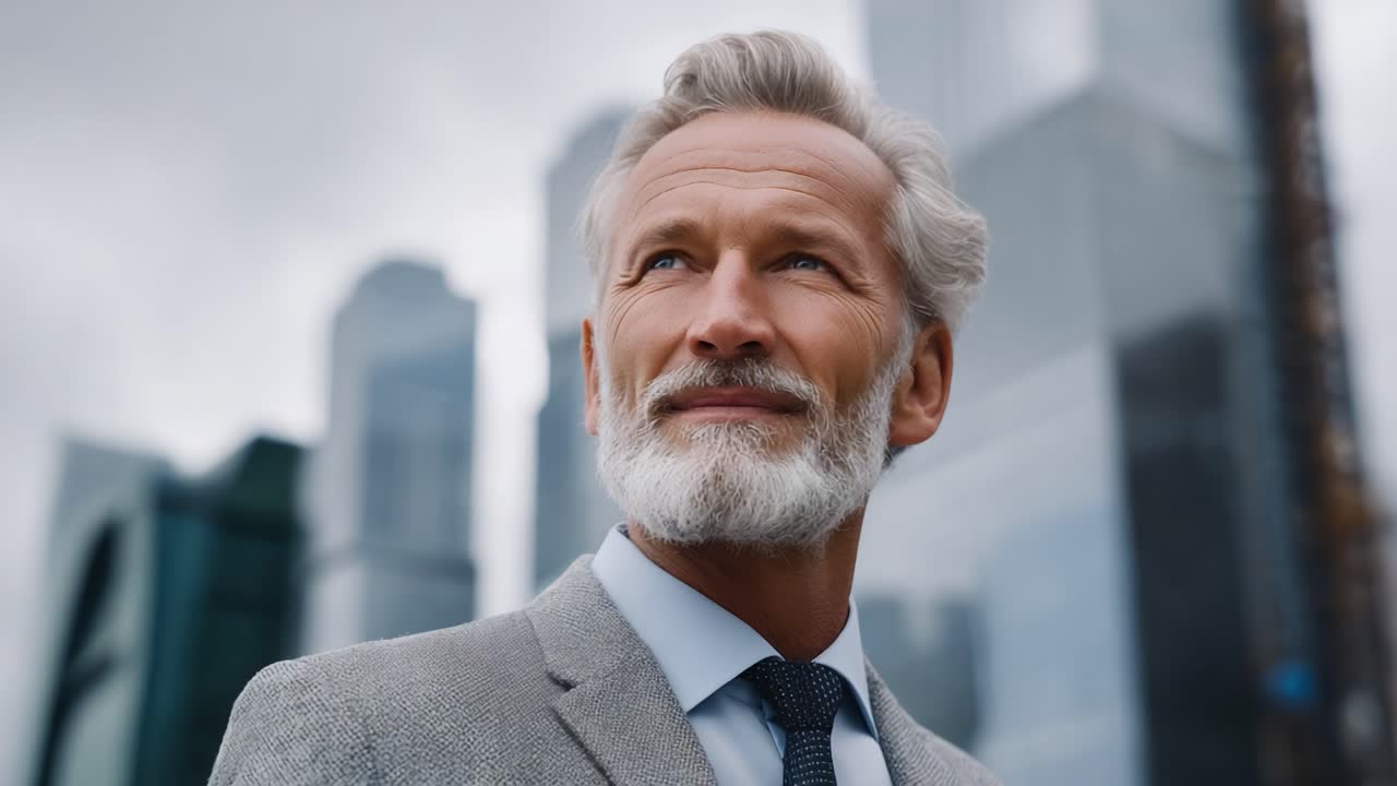 A Confident Older Man with a Graceful Beard Reflecting Optimism and Wisdom Against a Modern City Skyline in a Stylish Suit