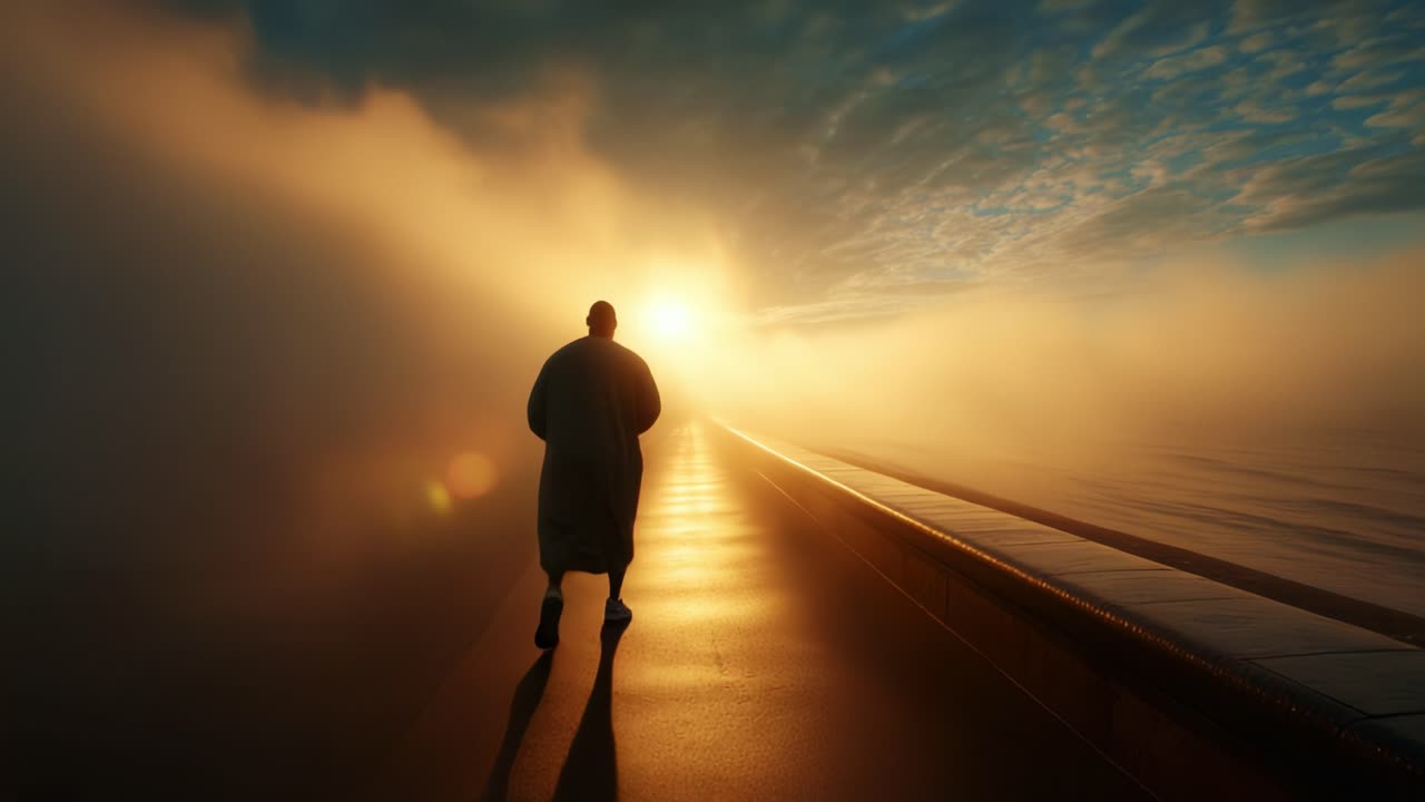 A solitary figure walks along a misty path towards a brilliant sunrise, surrounded by ethereal clouds, capturing a moment of serene reflection in a captivating atmosphere