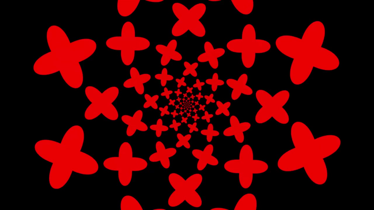 Forme cangianti di colore rosso che circolano su sfondo nero.