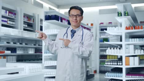 pharmacist presenting products in pharmacy