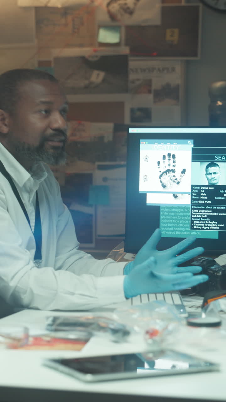 Forensic Scientist Analyzing Evidence on Computer Screen in Lab