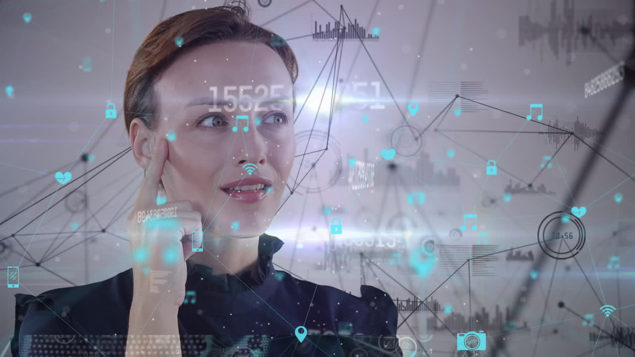animación de una red de conexiones sobre una mujer de negocios caucásica