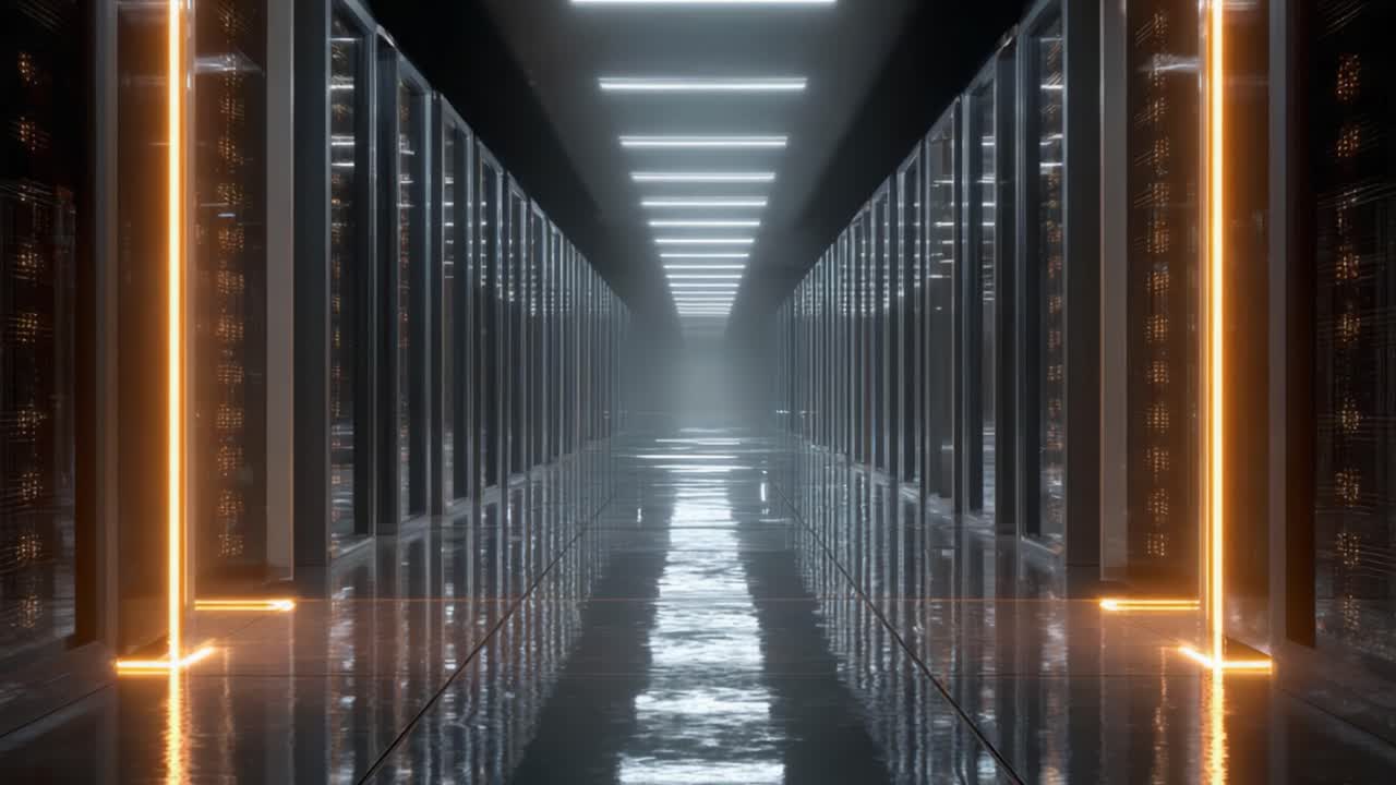 A Sleek, Modern Server Room With Fluorescent Lighting and Reflective Floors, Showcasing Rows of Cutting-Edge Server Racks in a Future-Ready Data Center Environment