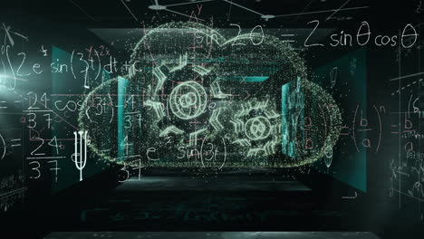 animación de una nube con engranajes sobre ecuaciones matemáticas y símbolos en fondo negro