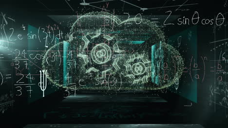 animation of cloud with cogs over mathematical equations and symbols on black background