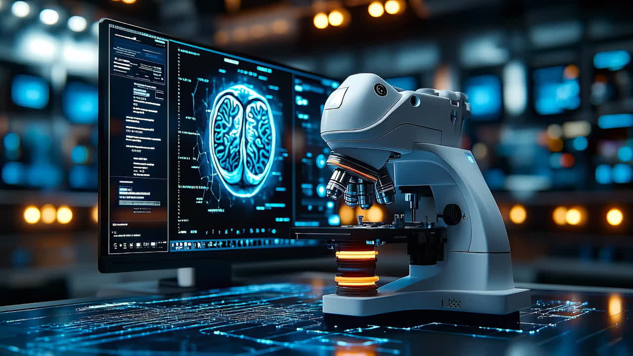 Computer setup shows microscope and screen displaying brain model in laboratory environment