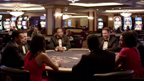 a high-stakes casino poker game: tension and strategy at the table with players engrossed in the action and surroundings filled with slot machines
