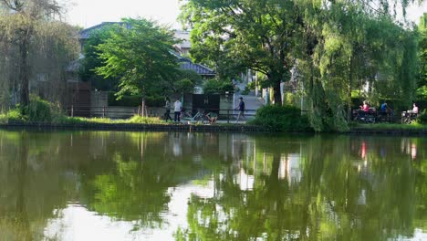 Im-Sommer-Spiegelt-Der-See-Des-Shakujii-parks-In-Tokio-Auf-Sehr-Schöne-Weise-All-Die-Menschen-Wider,-Die-In-Seinen-Gewässern-Spazieren-Gehen-Und-Fischen
