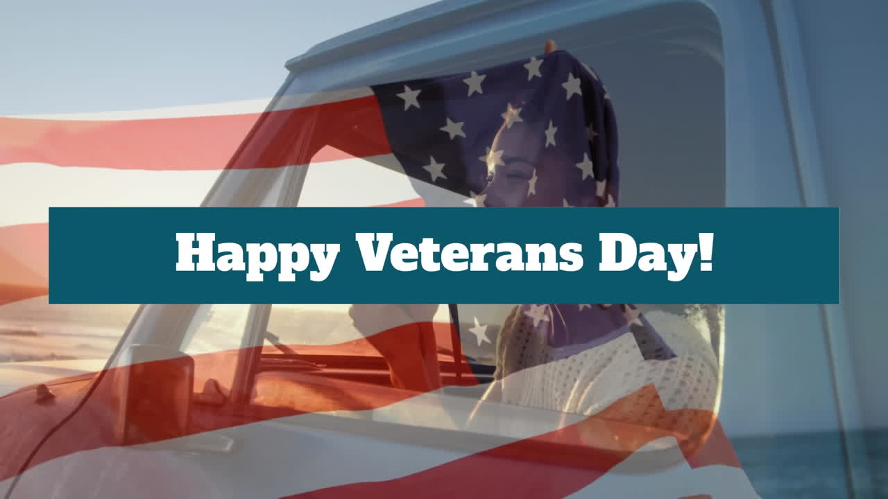 미국 국기 위의 참전용사 날 텍스트와 차 안의 이중 인종 여성의 애니메이션