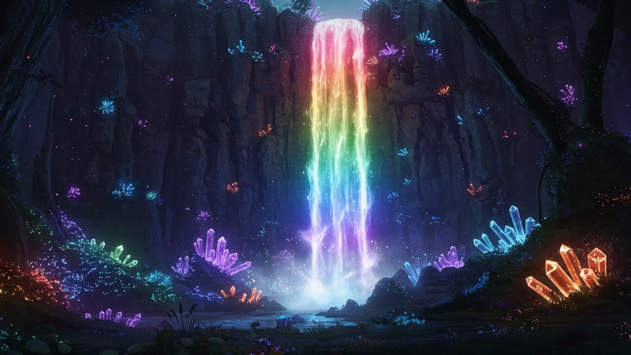 A Majestic Rainbow Waterfall Cascades Through a Luminous Cavern, Surrounded by Glowing Crystals and Captivating Flora, Creating an Ethereal and Enchanting Atmosphere