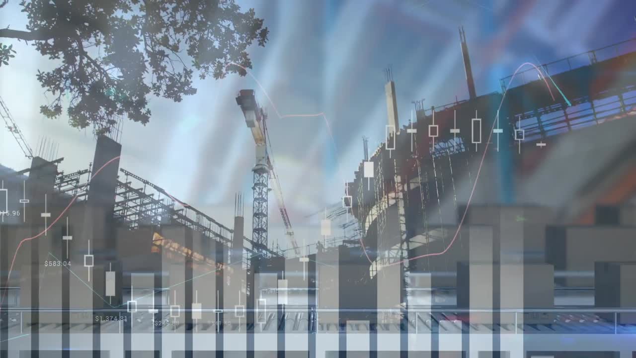 animación del procesamiento de estadísticas sobre cajas de cartón en cintas transportadoras y obras de construcción