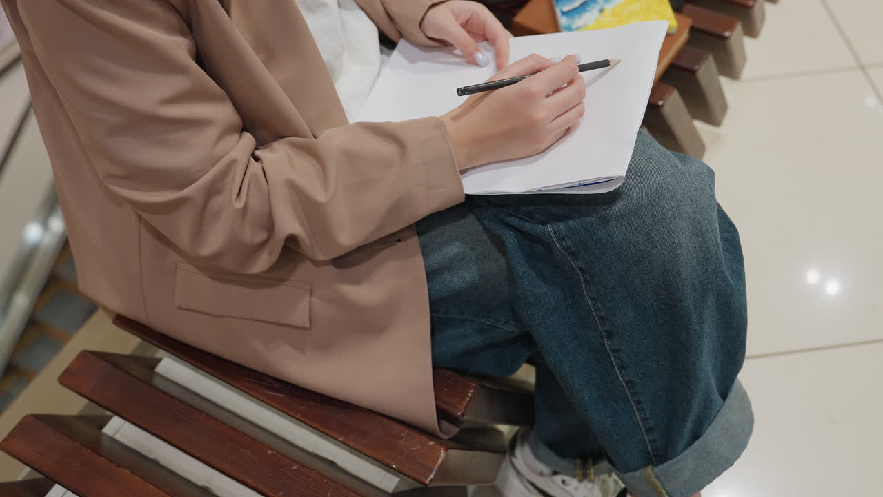 Persona sentada en un banco dibujando en un cuaderno, blazer beige y conjunto denim, listones de madera y suelo de baldosas en un centro comercial, relajada sesión de dibujo urbano con pausas reflexivas y observación en plano general.