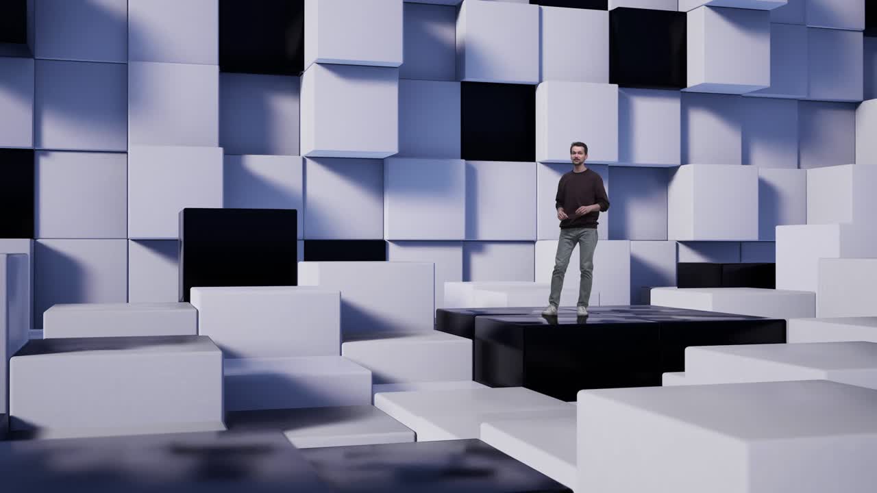 presentador de televisión en el estudio virtual de noticias con cubos blancos y negros.