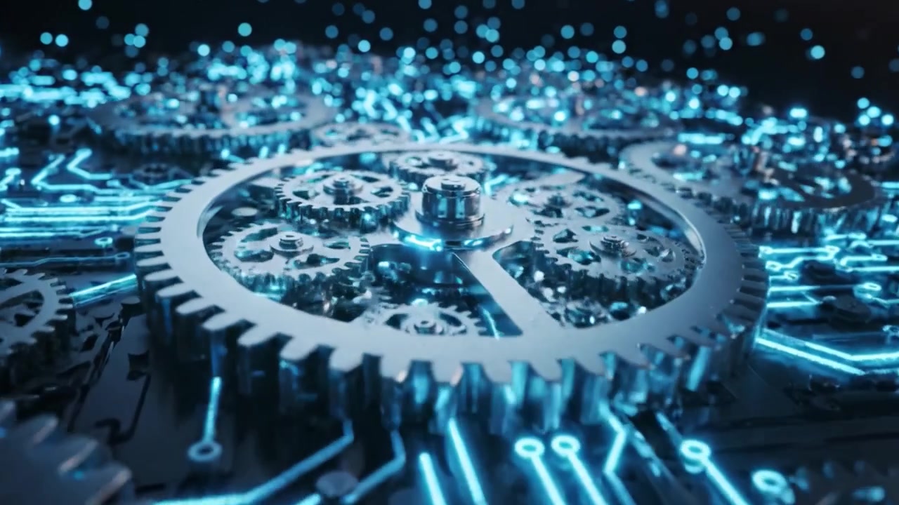 An Intricate Display of Futuristic Gears Illuminated by Electric Blue Light, Showcasing the Fusion of Mechanical Engineering and Digital Technology