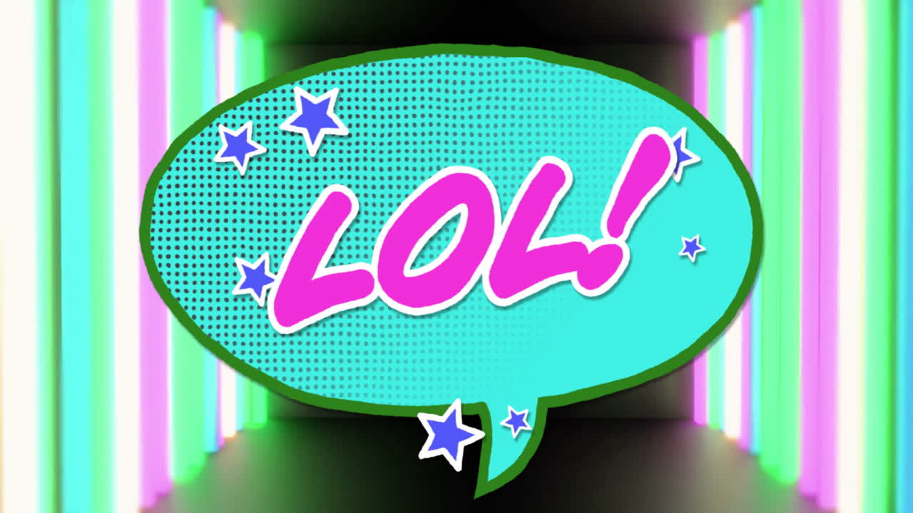 Animation of LOL! speech bubble with stars on colorful neon background