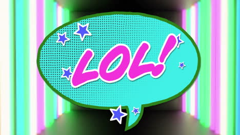 animation of lol! speech bubble with stars on colorful neon background