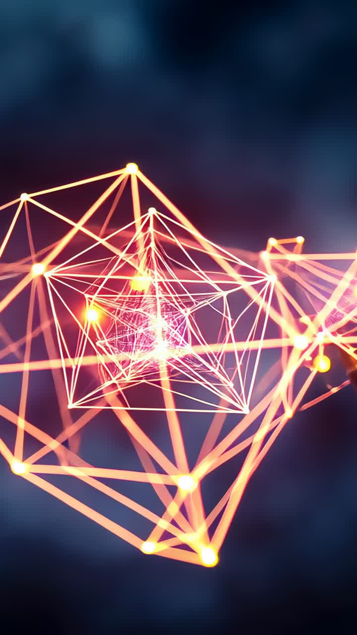 Vertical video: Zooming camera showing wireframe net pulsing in digital space, with bokeh orbs