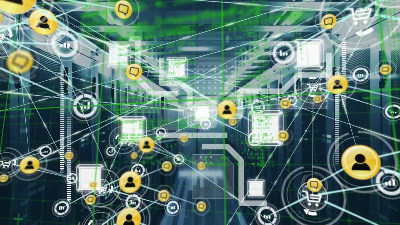 Animazione di una rete di connessioni con icone ed elaborazione dati in una server room