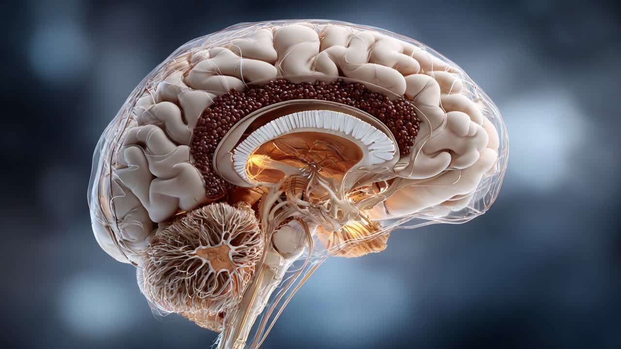 Detailed Visualization of the Human Brain Anatomy Highlighting Neural Structures and Connectivity in a Scientific Exploration of Cognitive Functions