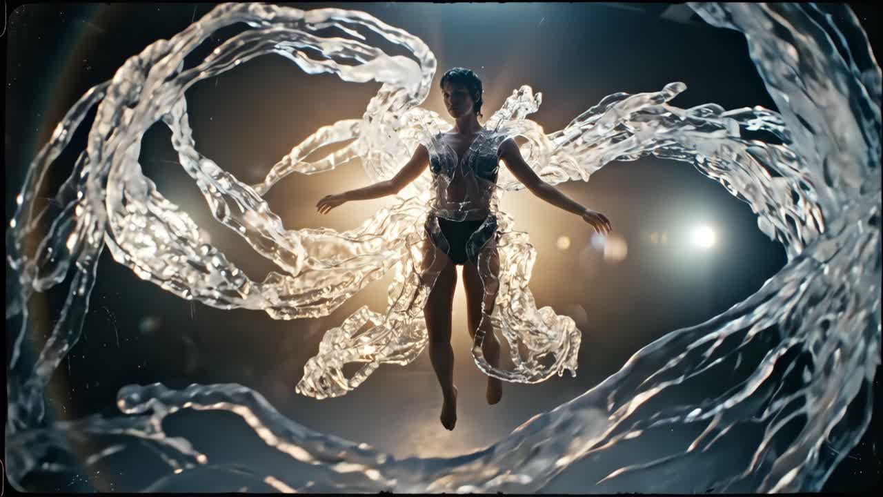 Donna in un abito liquido trasparente con illuminazione eterea