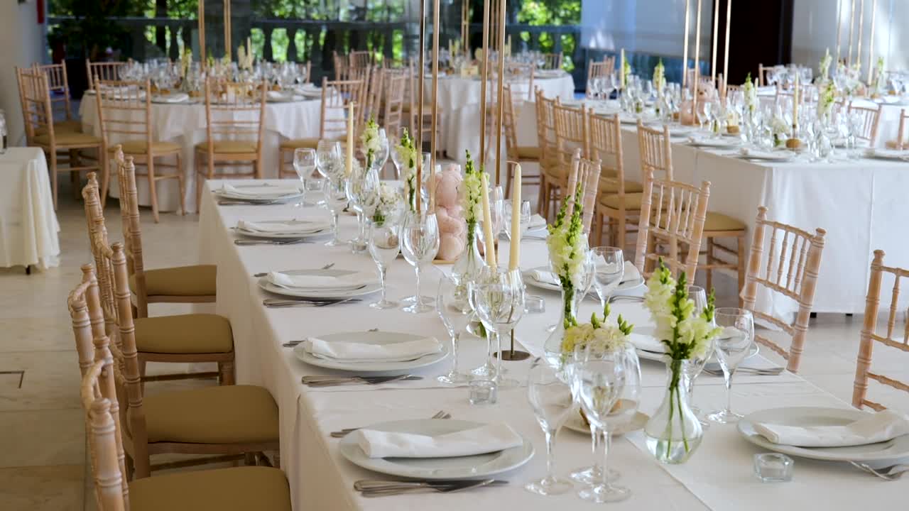 Elegant Wedding or Christening Table Decor with Balloons and Tableware in Slow Motion