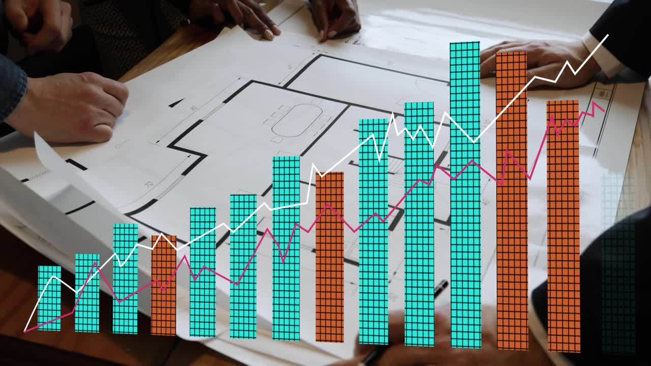 Planners unrolling architecture plans on wooden table, pen marking initiating animated chart growth