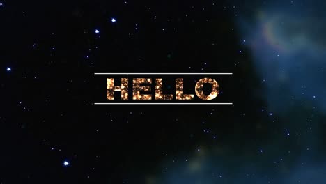 animación del texto de saludos sobre estrellas en fondo oscuro