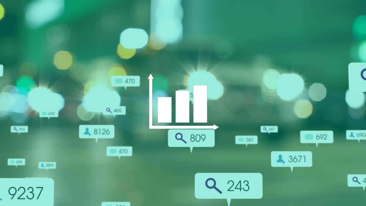 Animation of social media icons over statistics and city lights