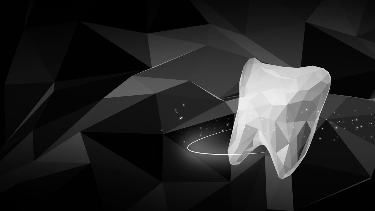 Medical polygonal 3D model of tooth. Dental symbol on black low poly triangles background. Abstract medical looping animation with glowing particles.