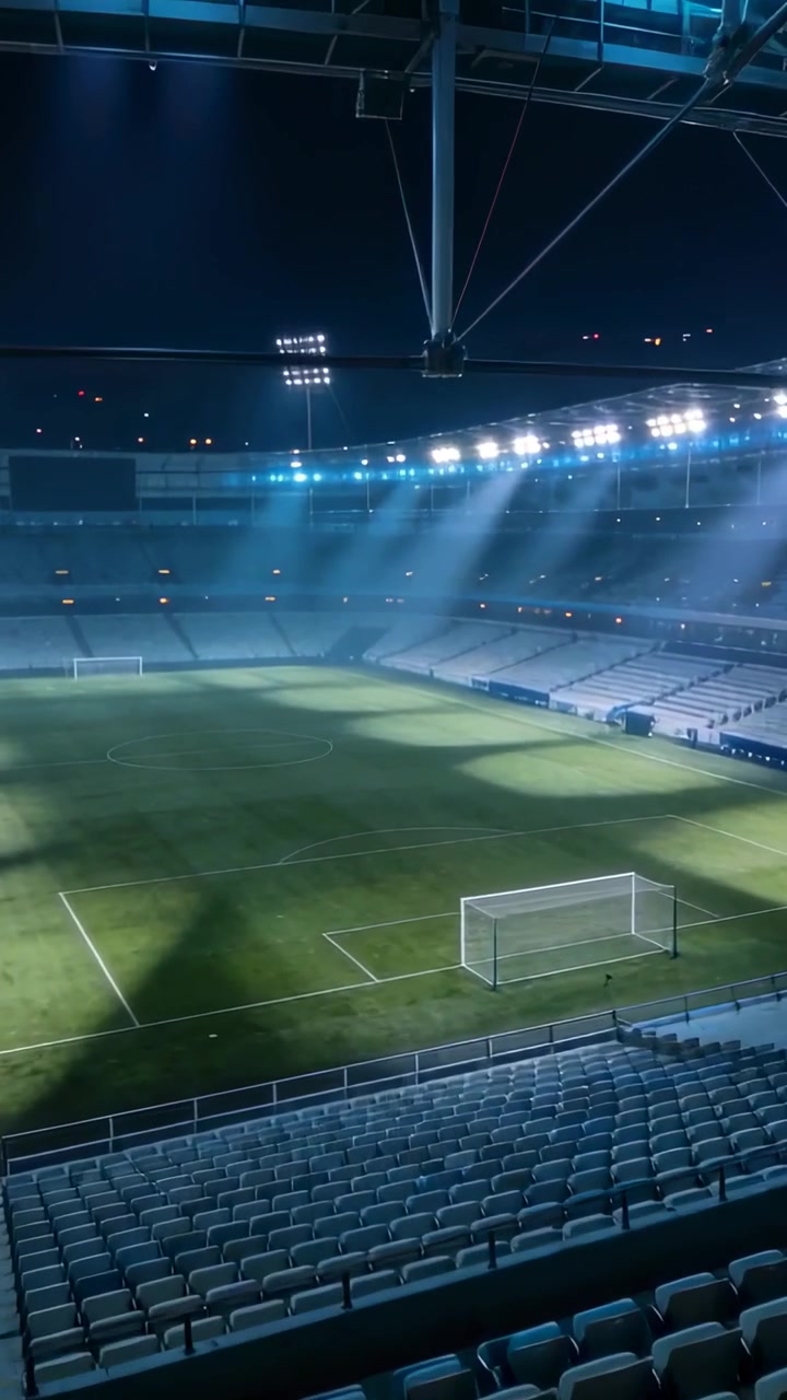 Video verticale: Telecamera che panoramica mostrando un campo vuoto e una porta vicina allo stadio, durante il test delle luci