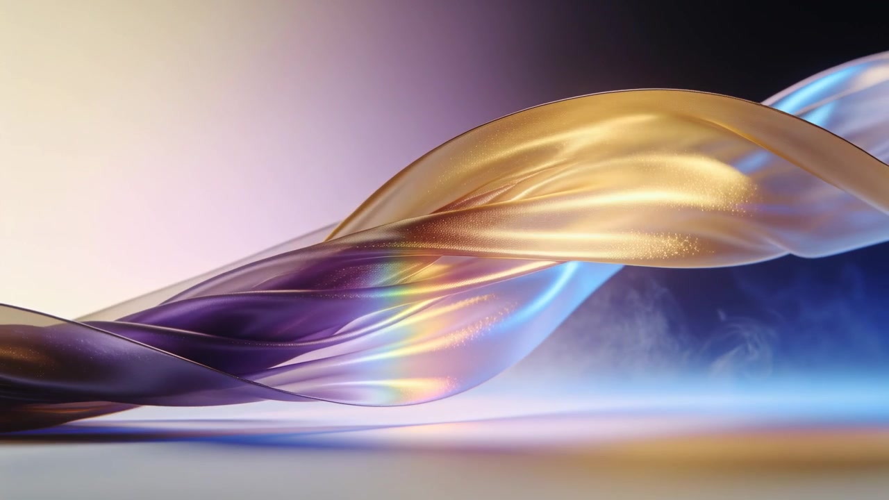 Playback causing sheer ribbon twisting over mirror floor in studio, showing gold purple sheen