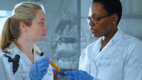 animation of mathematical equations over diverse female scientists holding test tube