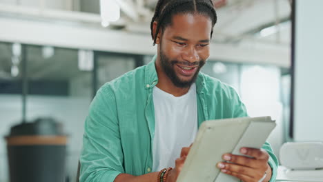 tablet, business and black man typing in office