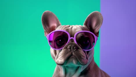 stylish french bulldog wearing purple sunglasses poses confidently against a vibrant two tone background, creating a trendy and fashionable scene