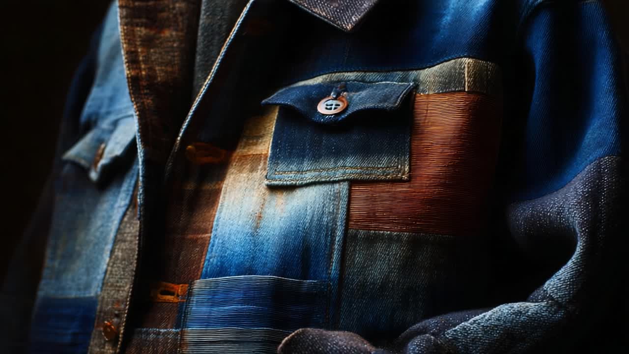 A Detailed Look at a Fashionable Denim Jacket Showcasing Unique Patchwork Designs with Rich Textures, Color Variations, and Button Accents Perfect for Contemporary Styles