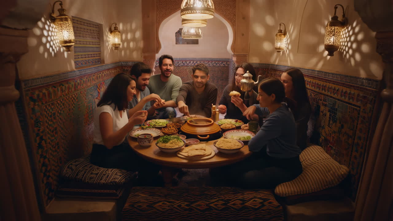 Friends Enjoying a Traditional Meal in a Moroccan-Style Restaurant