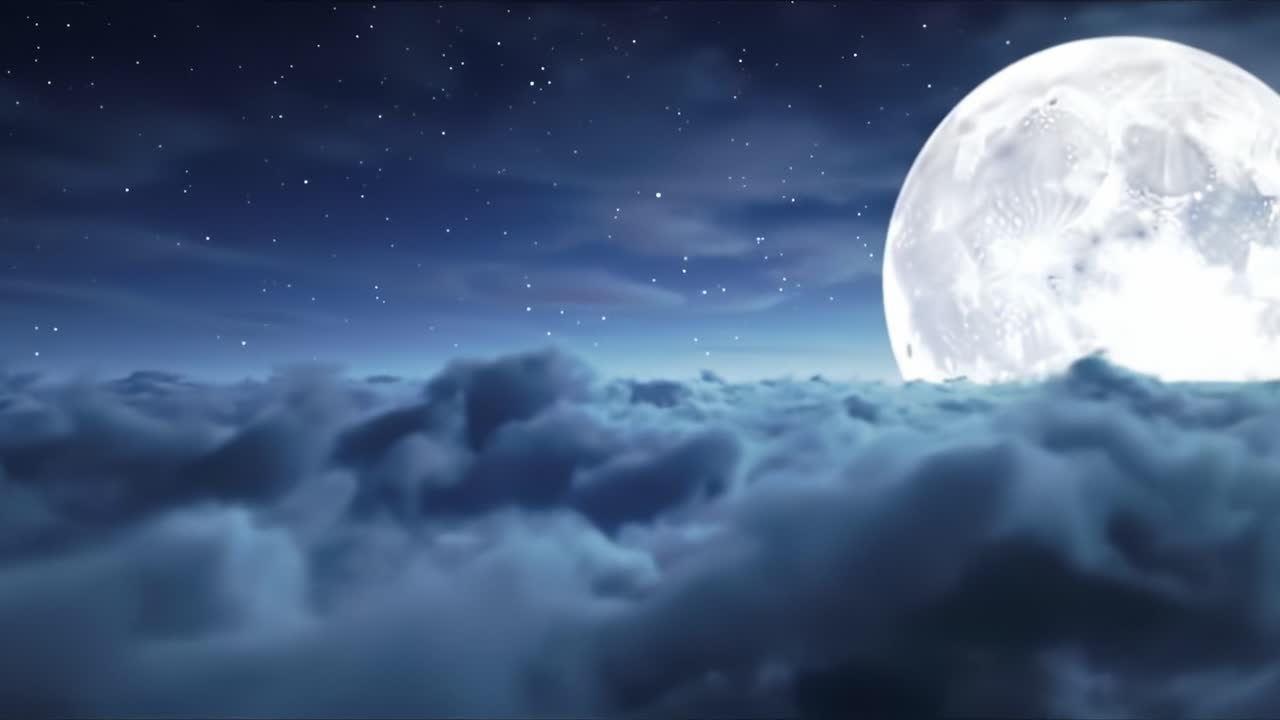 A brilliant full moon casts a silver glow over billowing clouds in a tranquil night sky. Stars twinkle around the luminous moon, creating a captivating celestial atmosphere.