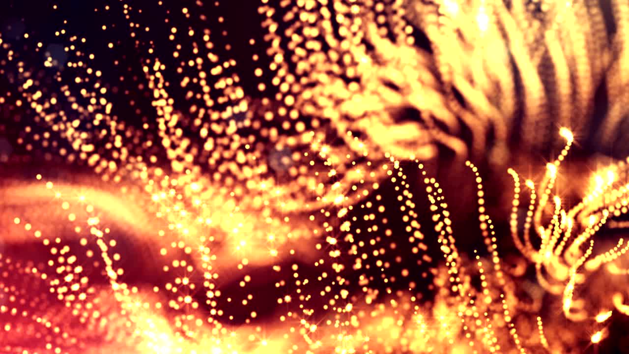 빛나는 입자의 3d 렌더링은 공상과학 소설 배경이나 현대적 추상적인 금색 배경으로, 광장 깊이와 보케를 가진 입자들 (vj 루프와 같은) 이 선과  구조를 형성합니다.