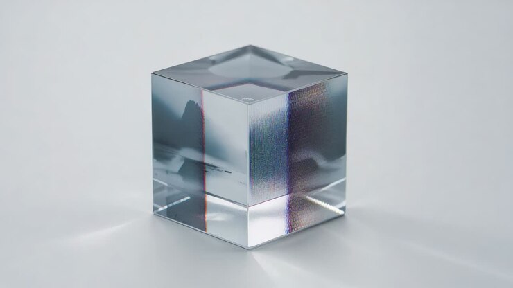 Rotazione della camera, cubo di vetro che rivela frange prismatiche e caustiche, luci che cambiano su un tavolo da studio
