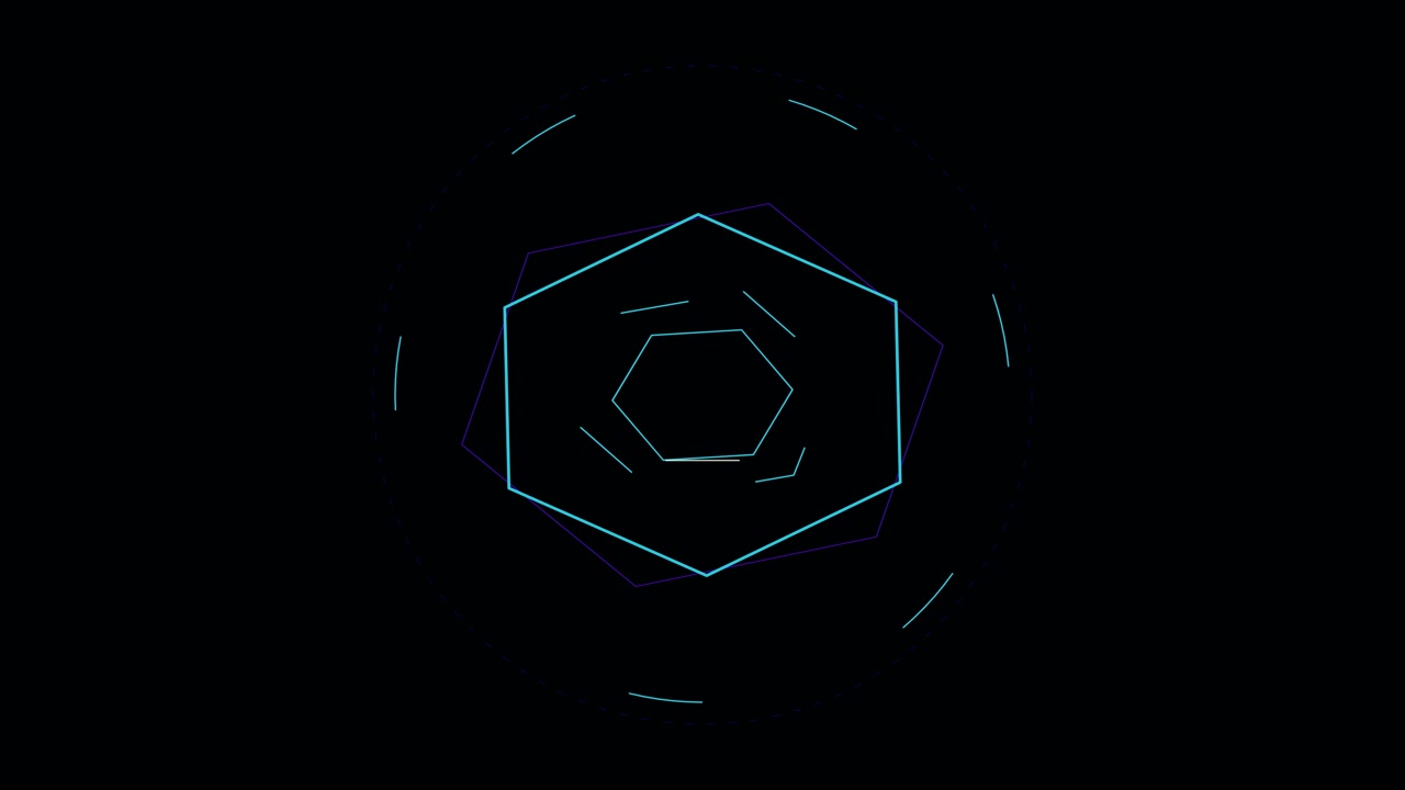 Animação Abstrata de Interface Digital Hexagonal em Fundo Preto.
