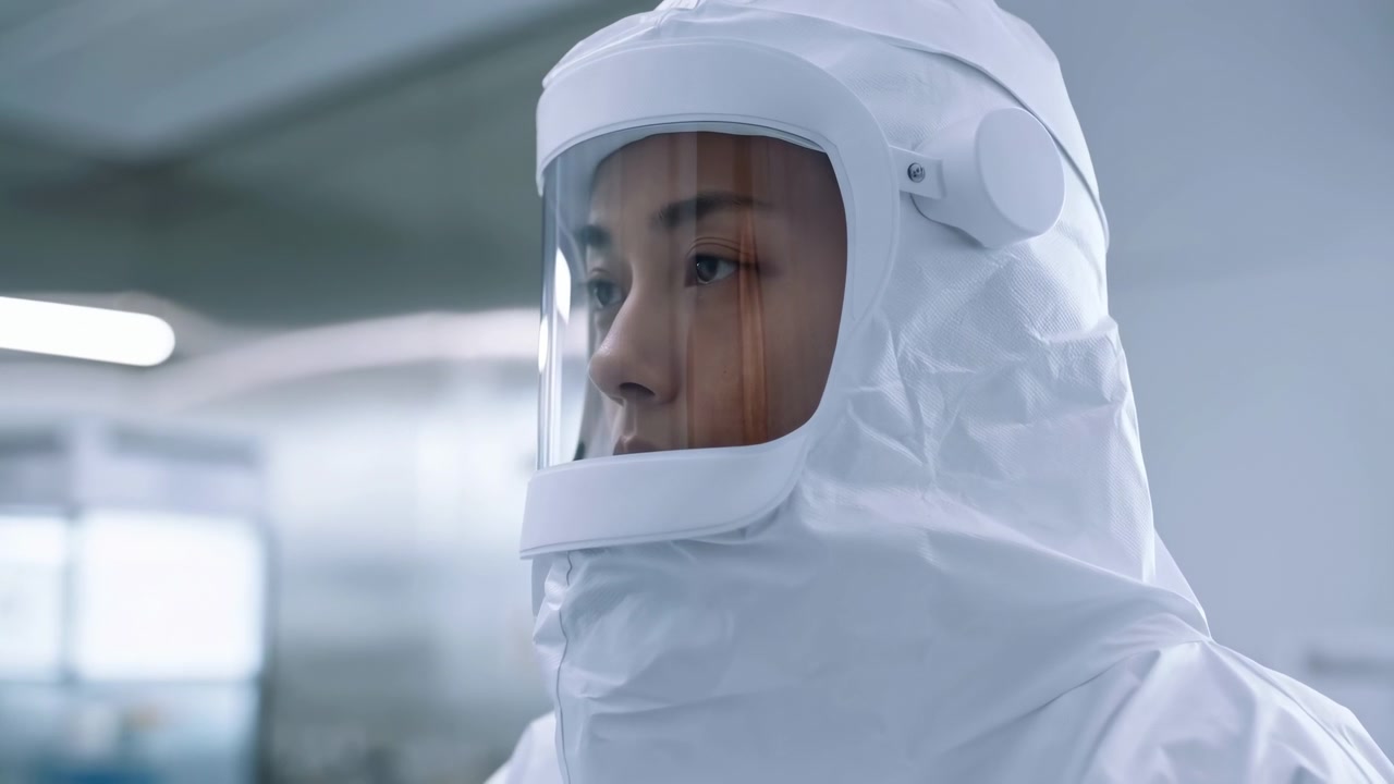 Close view shows hooded protective clothing, transparent visor, and neutral expression while subject remains still, with soft blue-white lighting and blurred modern interior behind.