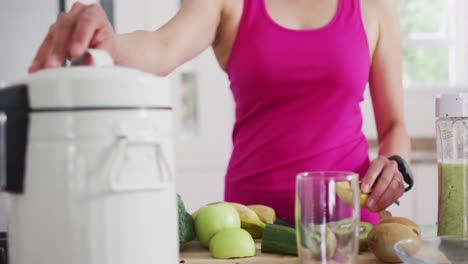 hands of asian woman preparing smoothie in kitchen